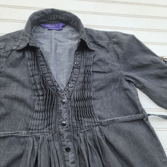 MILEY CYRUS MAX AZRIA Girls DENIM  DRESS Black Tie Back 3/4 Sleeve Sz S - Picture 9 of 10